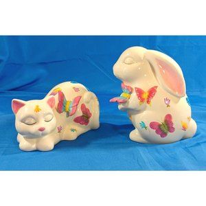 Baum Brothers Ceramic Cat Kitten Bunny Rabbit Butterfly Butterflies Statue Set